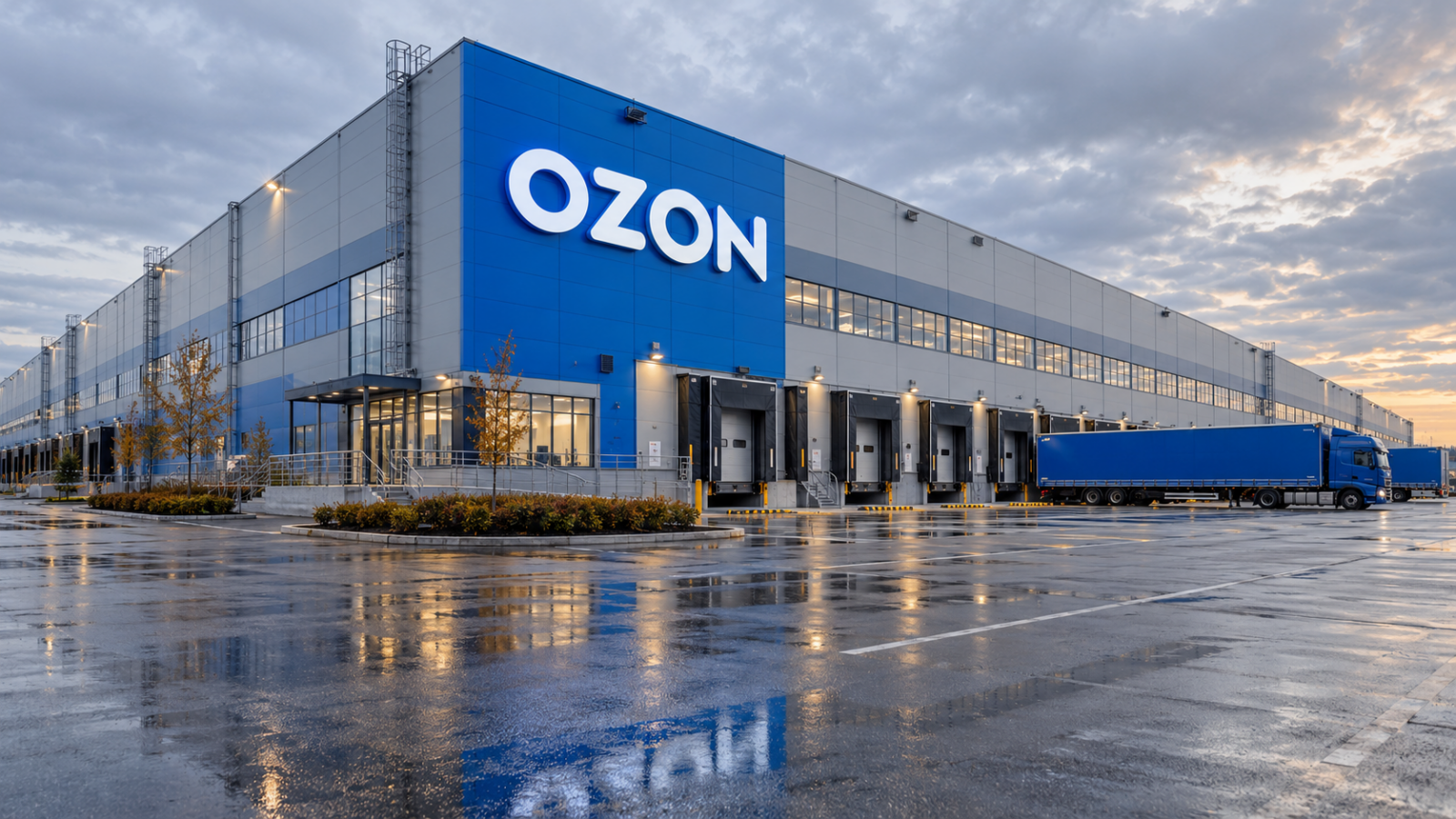 Условный логистический центр с логотипом OZON — иллюстрация к статье о защите складов от БПЛА