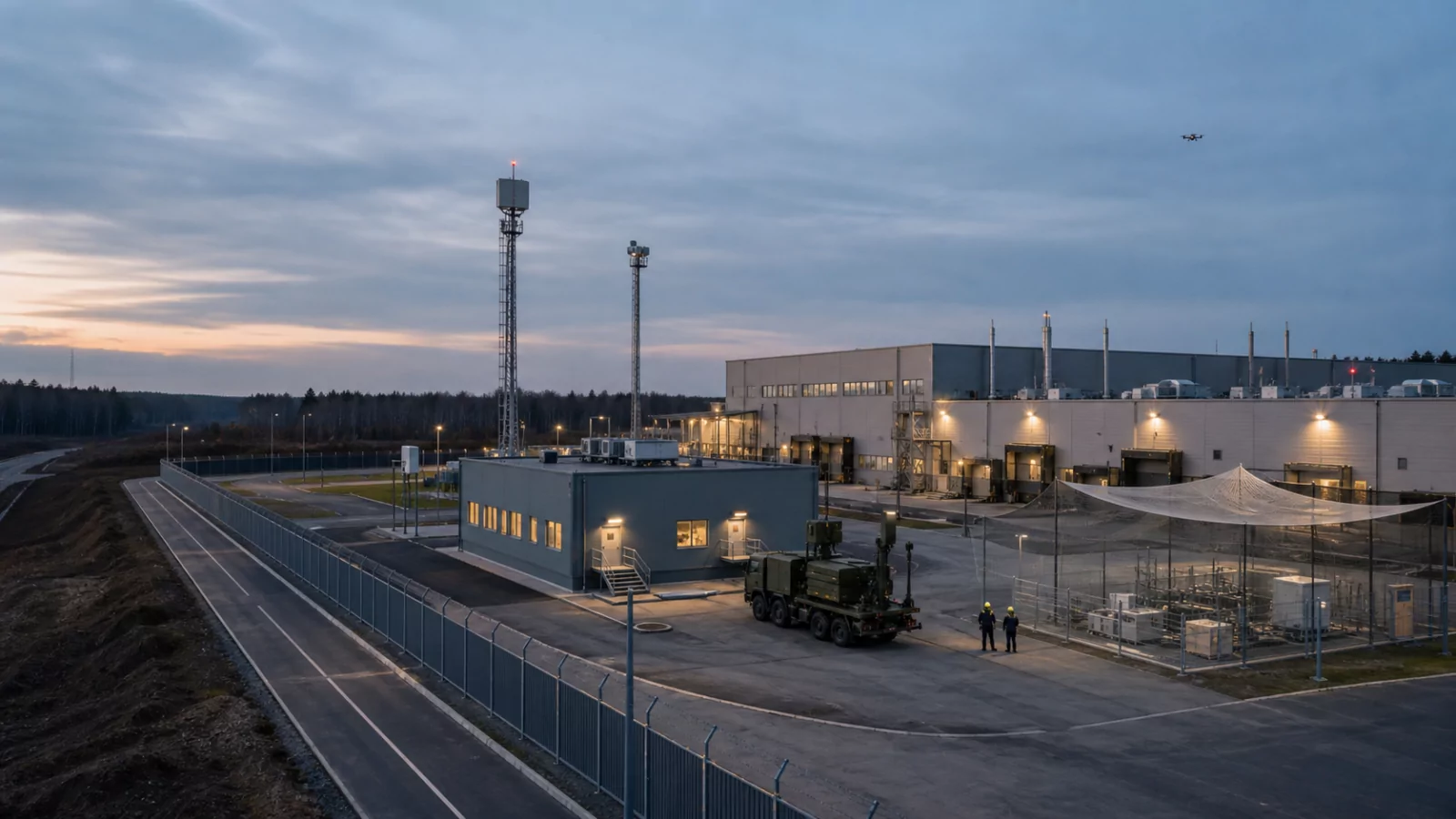 Иллюстрация промышленного объекта с системой наблюдения